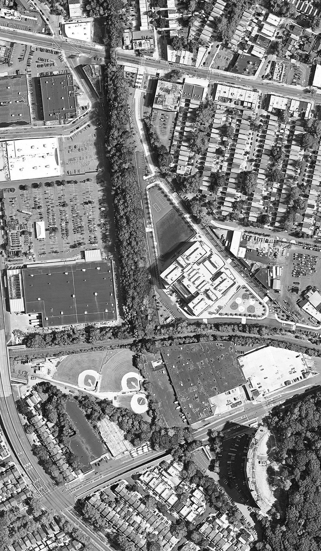 black and white aerial photo of existing site conditions