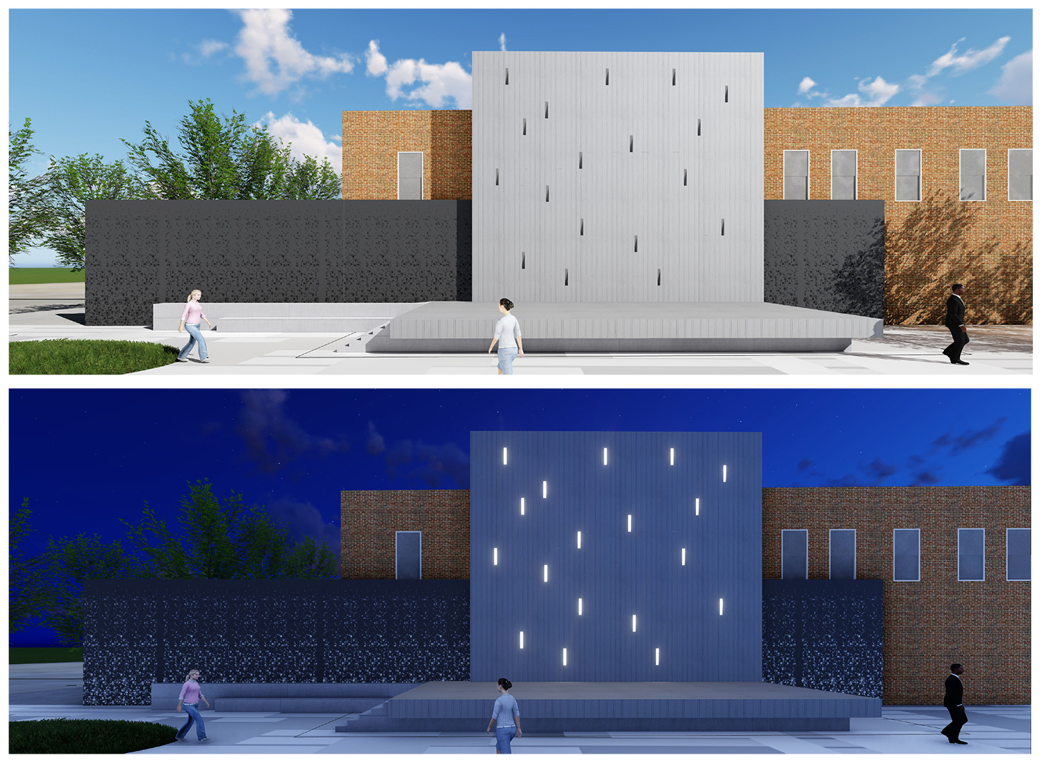 two elevational renderings of video wall (during the day on top and at night on the bottom)