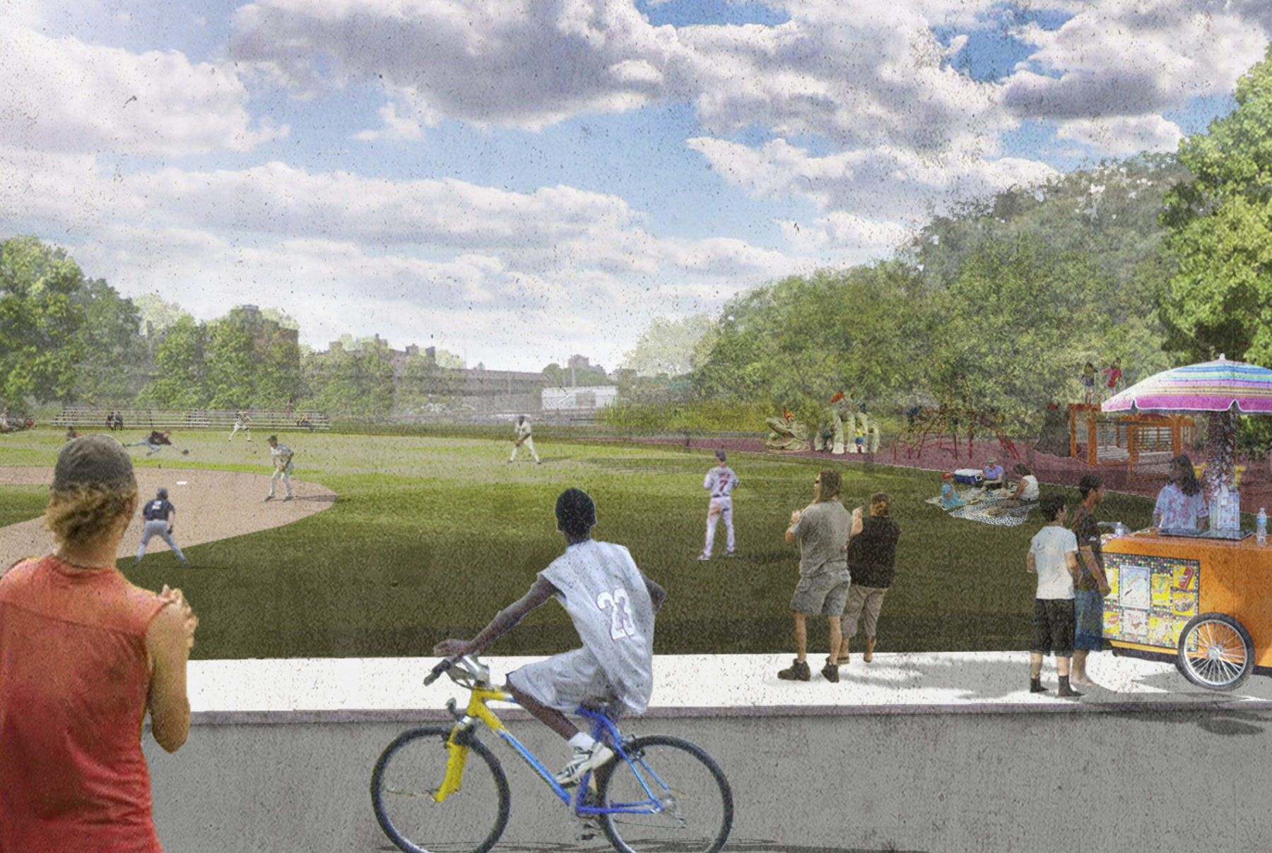 rendering of proposed design a boy on a bike rides in foreground