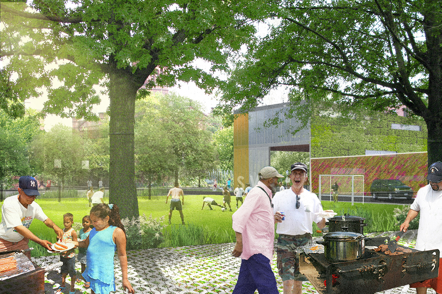 rendering of proposed design people populate a park