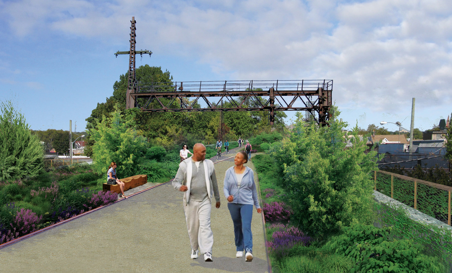 rendering of site two people walk on path
