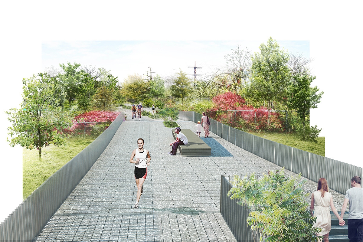 rendering of pedestrian bridge a jogger runs along the path