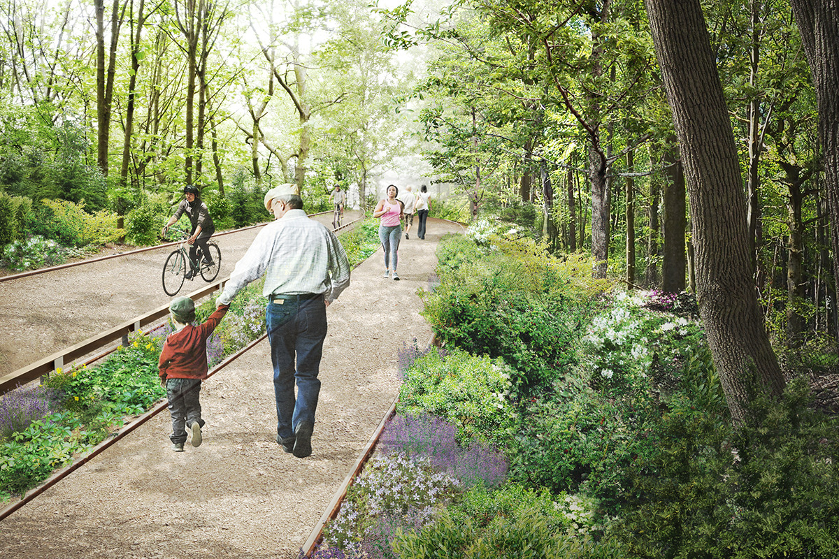 rendering of site a man and a boy walk along the path