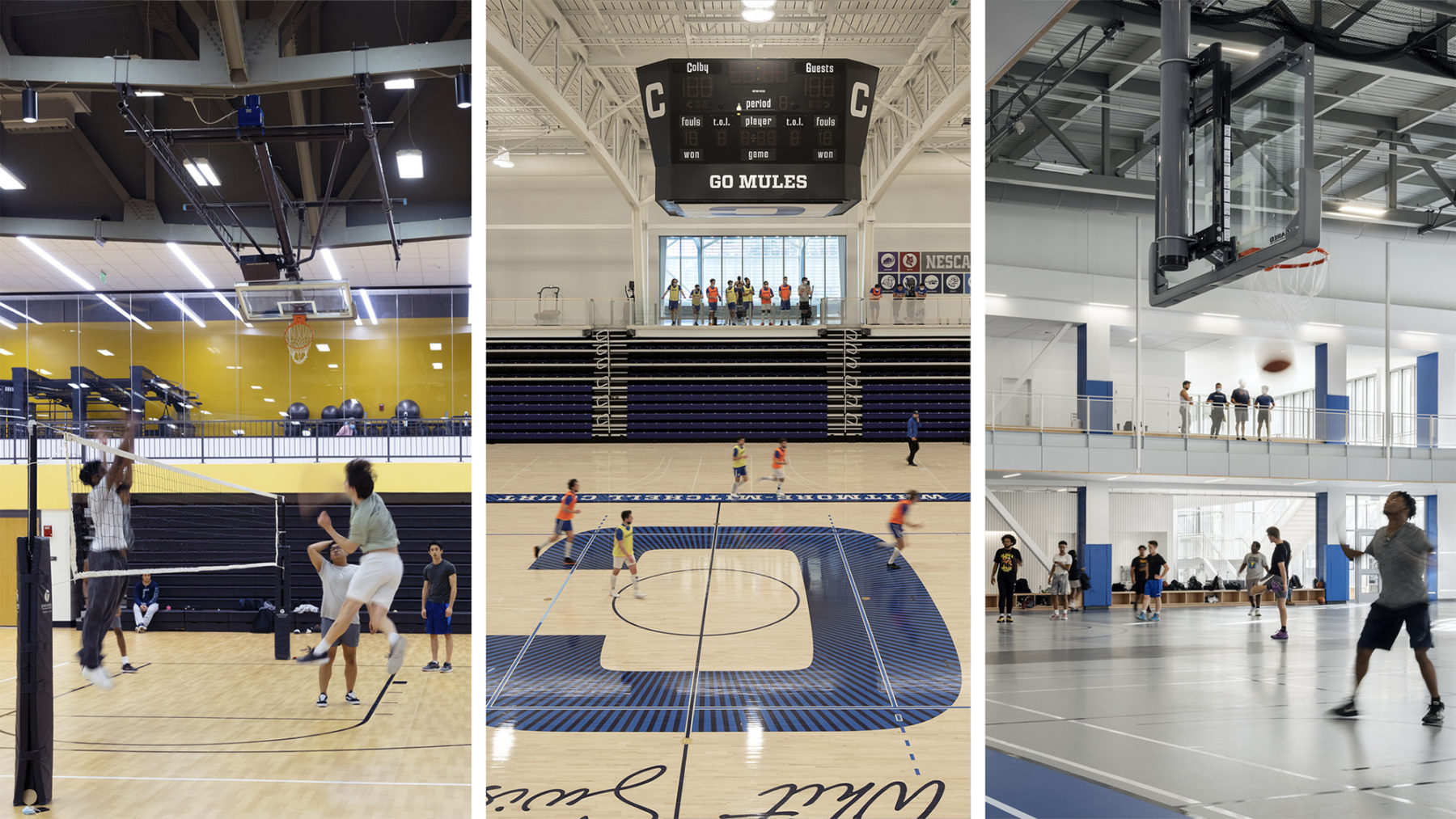 composite image of 3 different gymnasium spaces with activity within