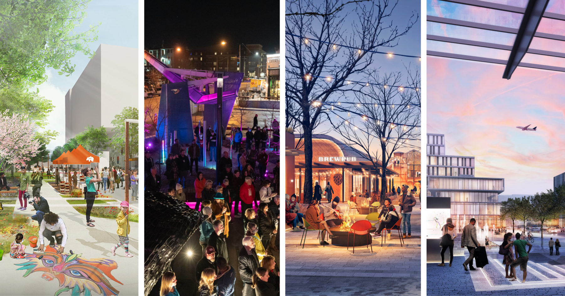 A composite image showing, from left to right, a rendering of someone drawing a tiger in chalk with a child in a vibrant area; a photograph of people gathered at a new park at night with purple lighting; a rendering of people gathered around a fire pit in a new civic area; and people walking around a new neighborhood at dusk with an airplane flying in the background