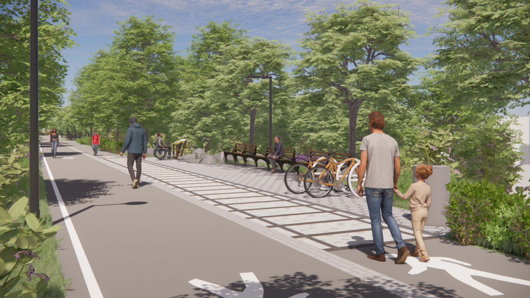 rendering of streetscape along a bike rack divided for two way pedestrian use