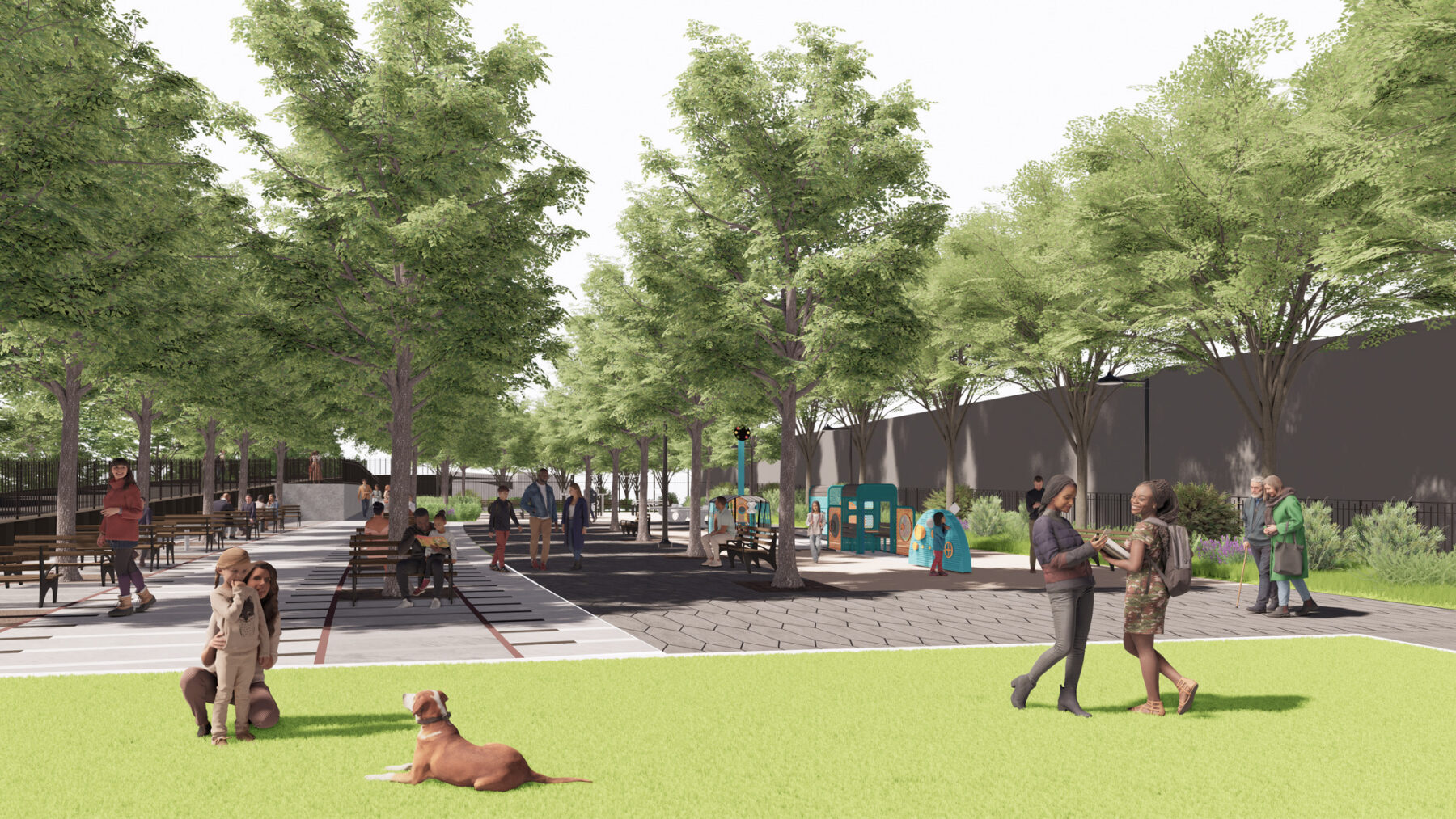 rendering of a lawn overlooking a shaded seating area with people at tables and dogs enjoying the lawn