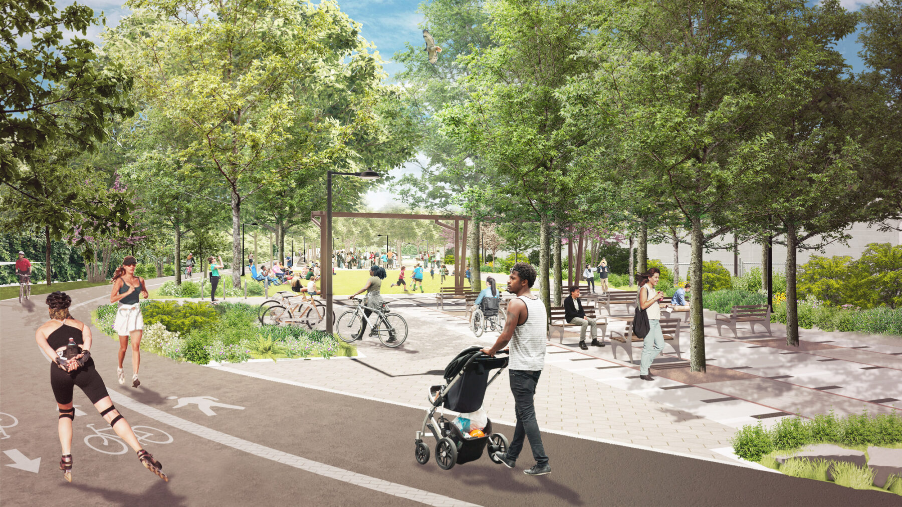 rendering of streetscape with a man pushing a stroller and a woman on roller skates along a seated area, bike rack and a playing sports court beyond