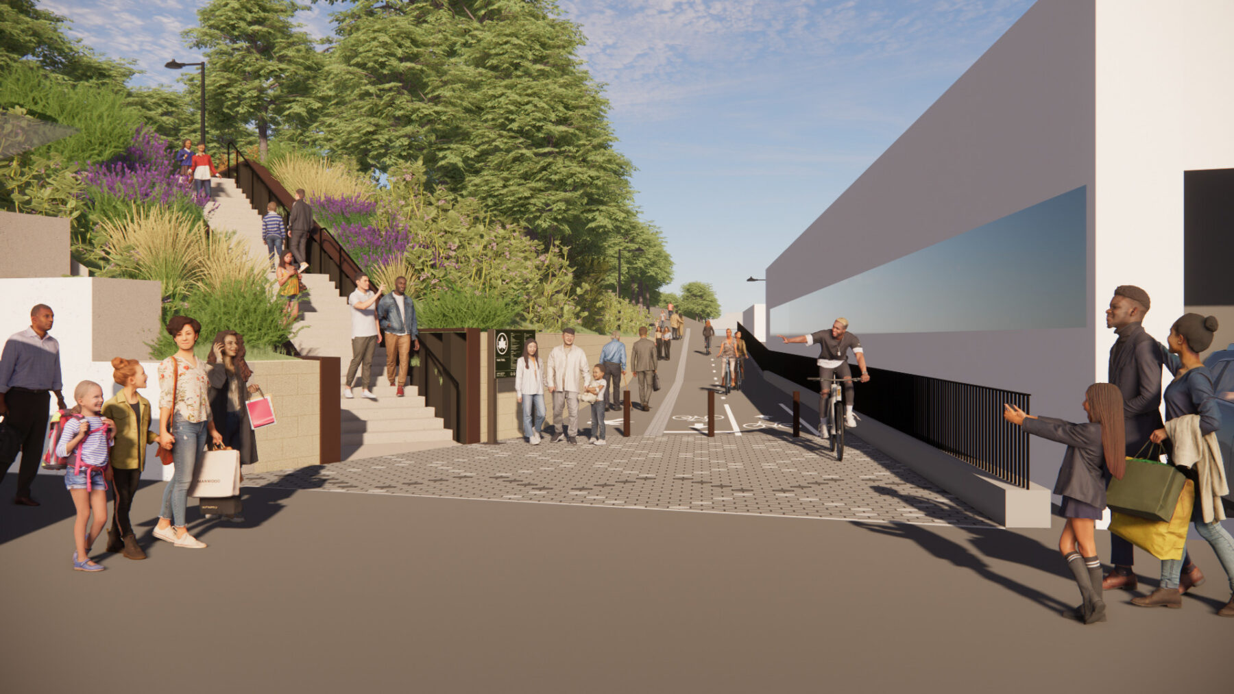 rendering of streetscape in between building and hill with stairs accessing the top of the hill