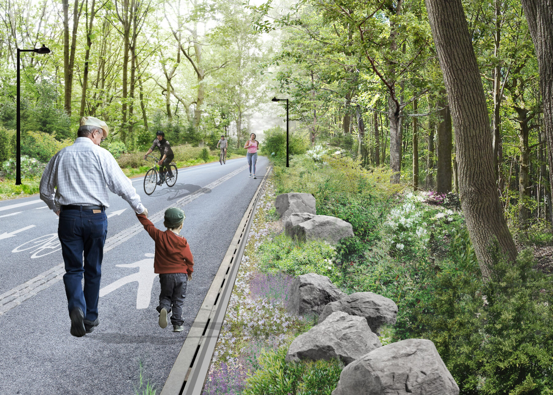 rendering of a man and grandson walking down a path divided for pedestrians and bicycles surrounded by trees