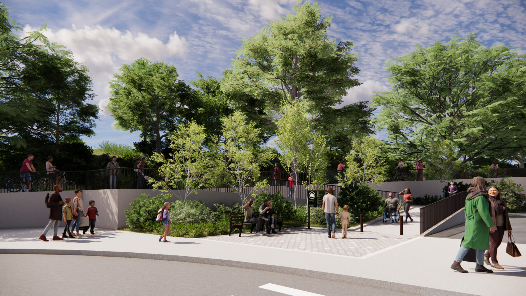 rendering of main entrance with people arriving