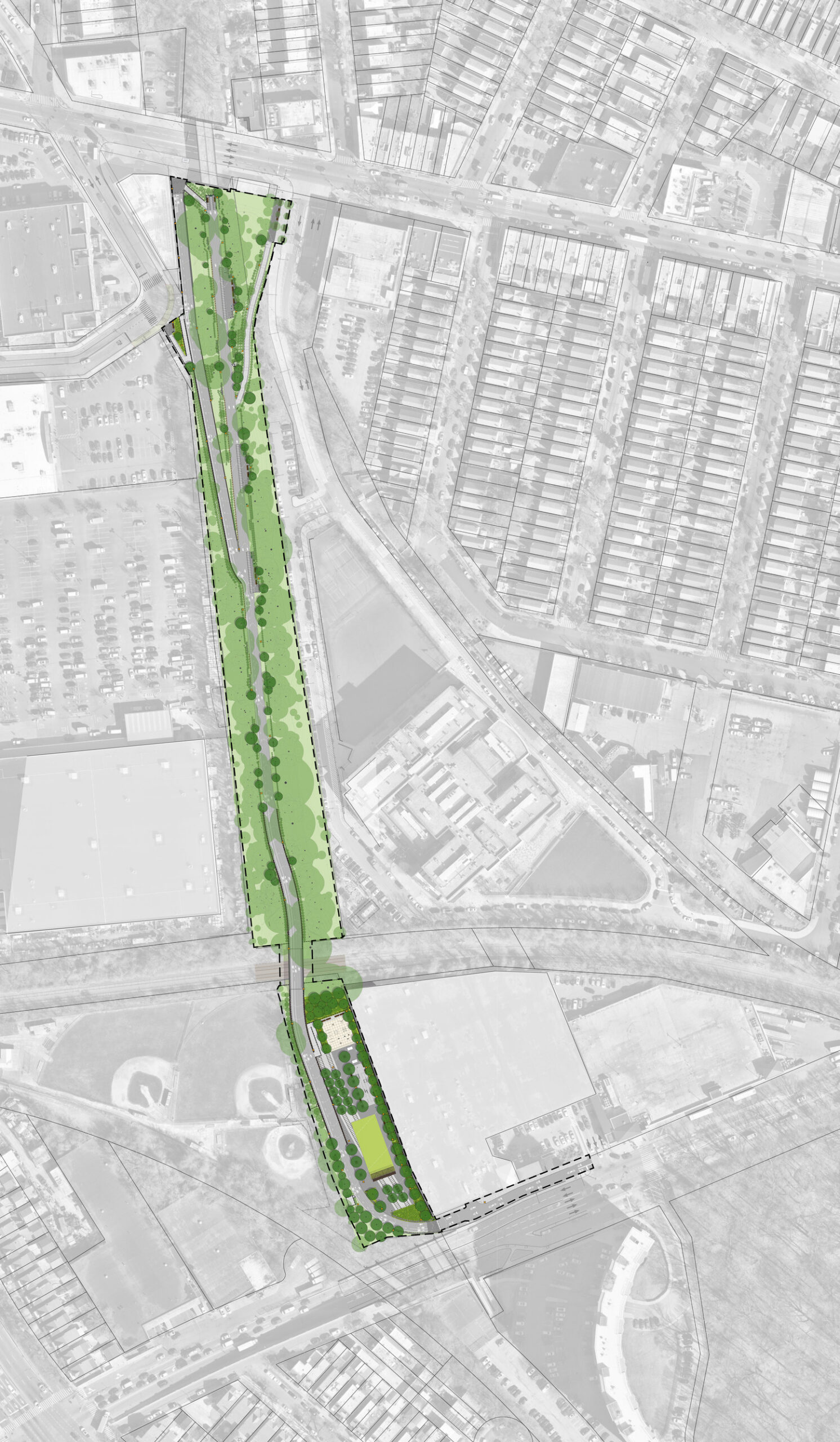 unlabeled site plan delineating the scope in bright green with the rest of the context in black and white
