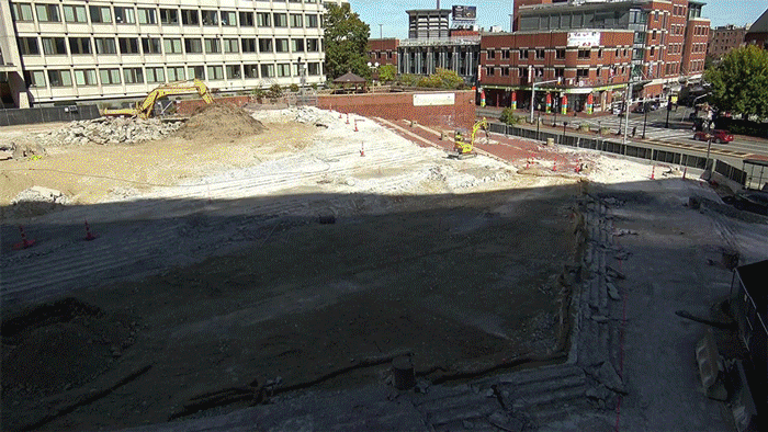 A timelapse showing construction progress at Boston City Hall Plaza