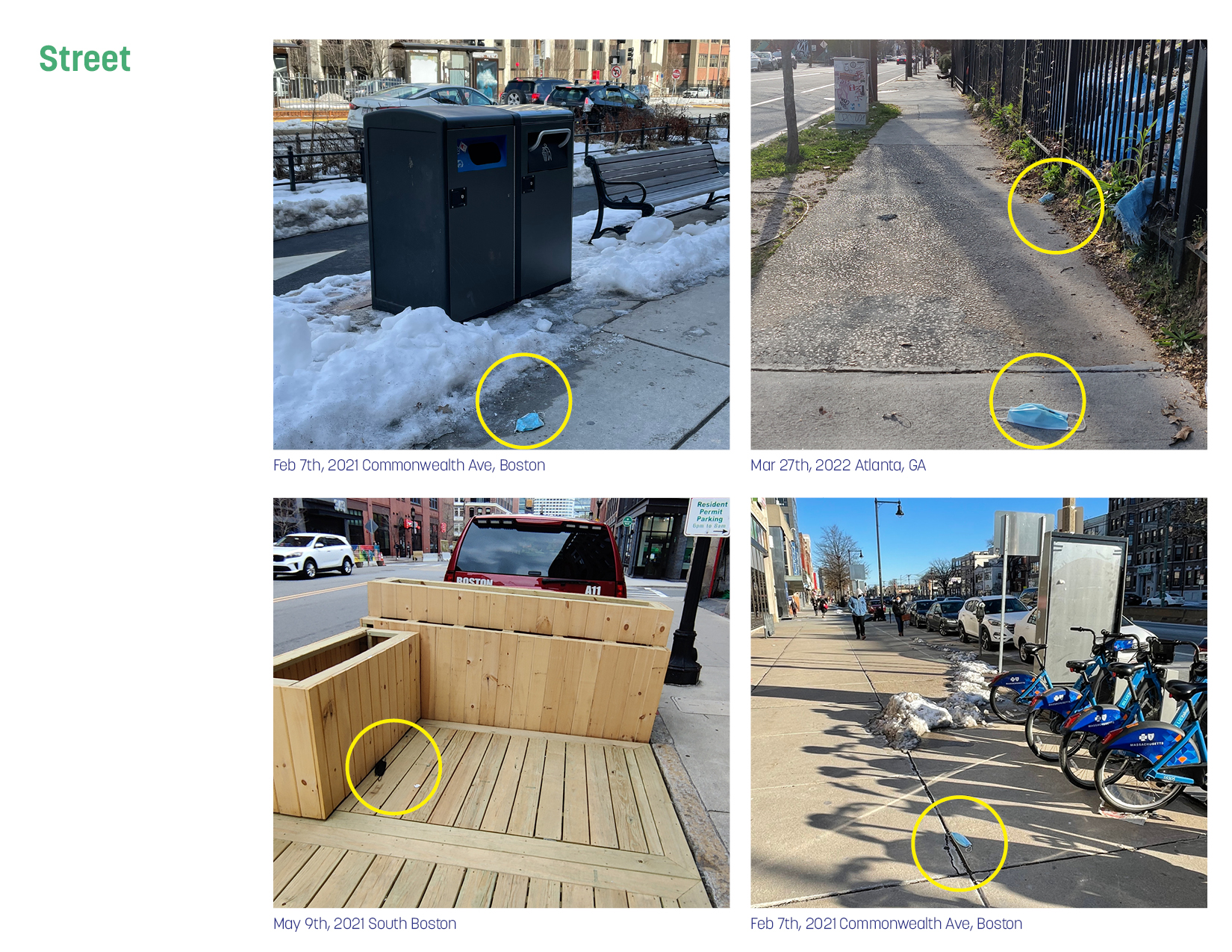 Collage of four photos of masks on the ground along streets and sidewalks