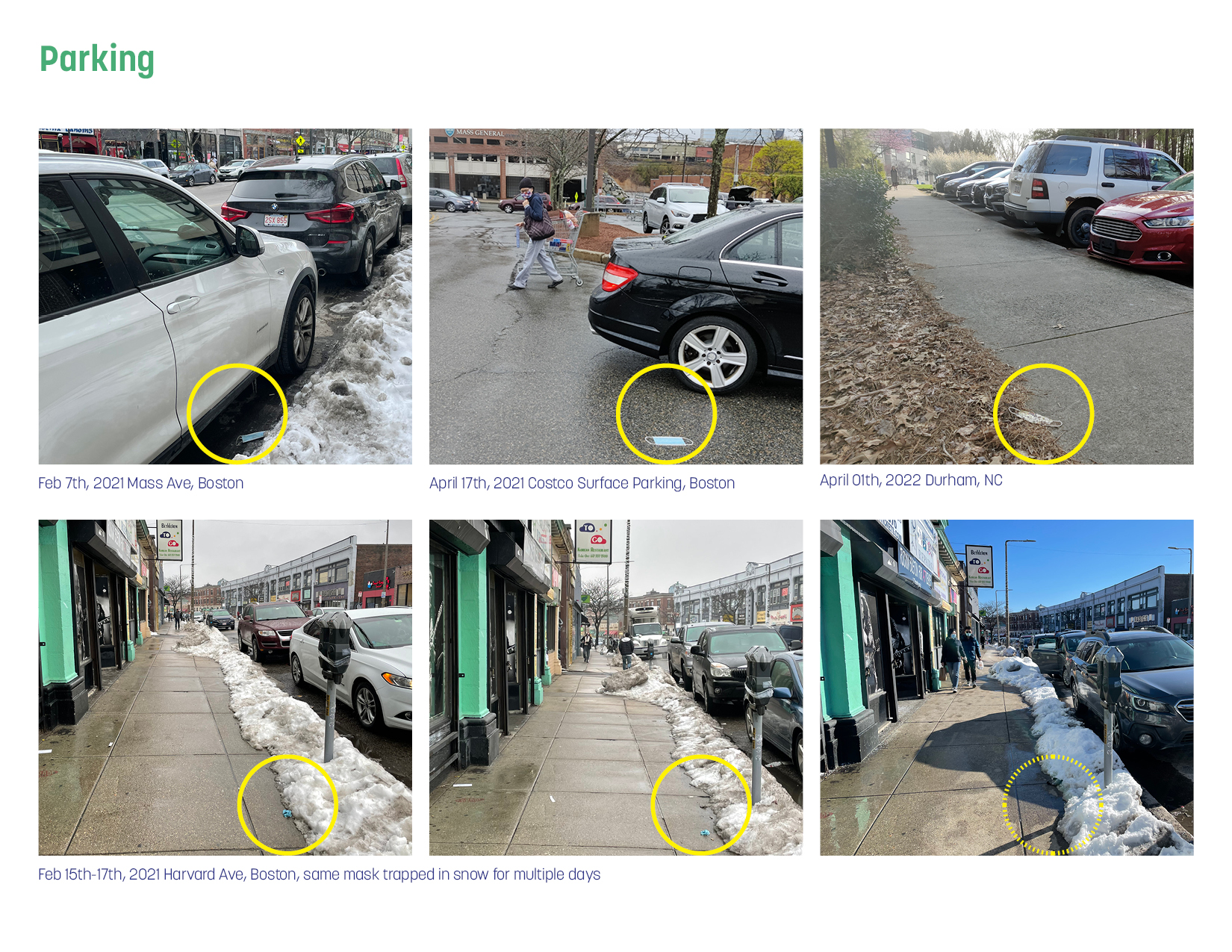 Collage of six photos of masks on the ground next to cars in parking lots and along street parking