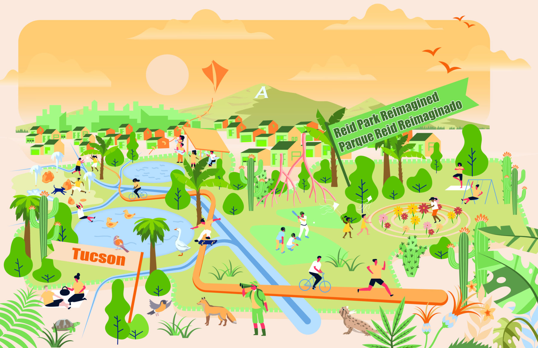 A graphic showing people running, biking, playing baseball, picnicking, and other similar activities in a new park