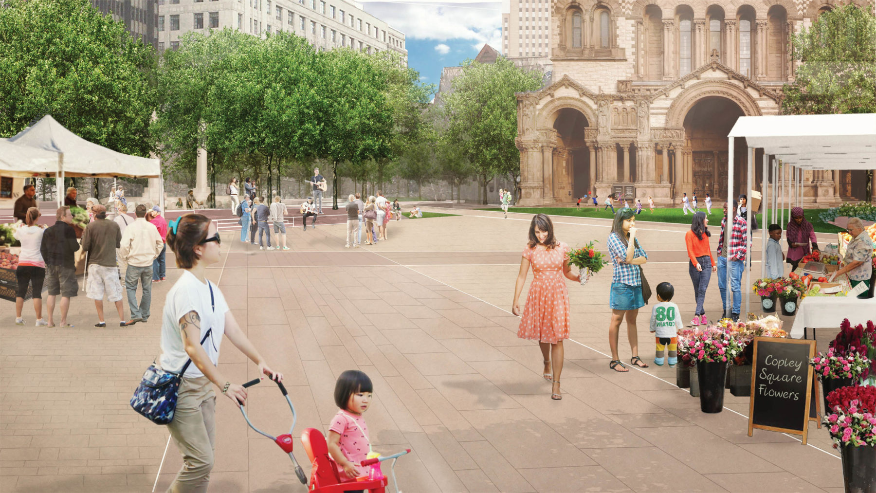Rendering showing families walking through the new plaza