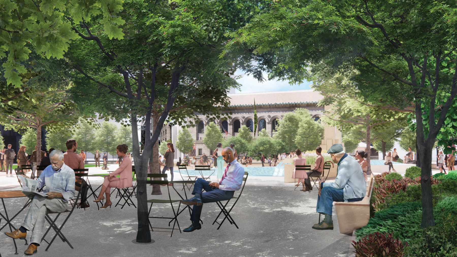 Rendering showing people sitting under trees