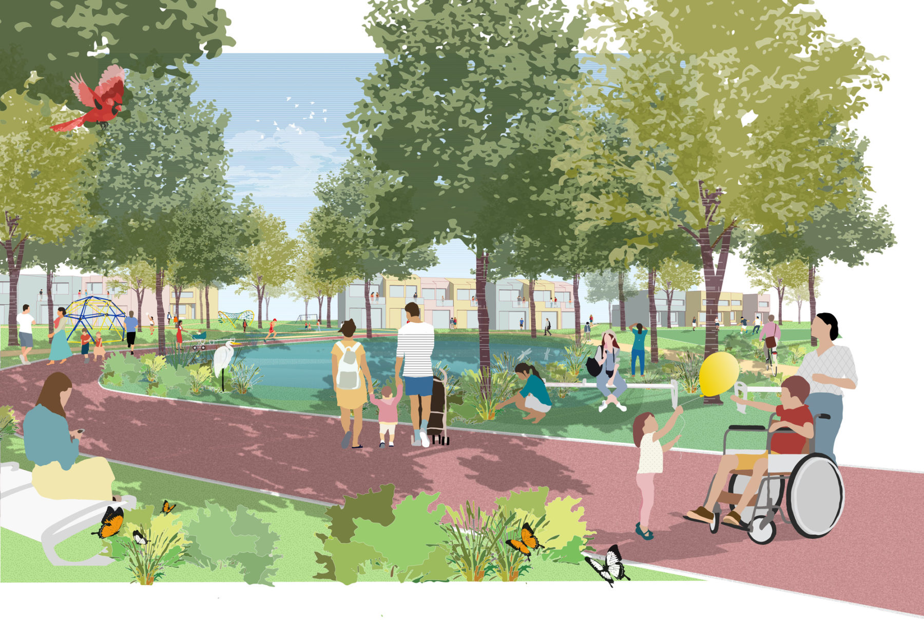 rendering of a park with kids playing