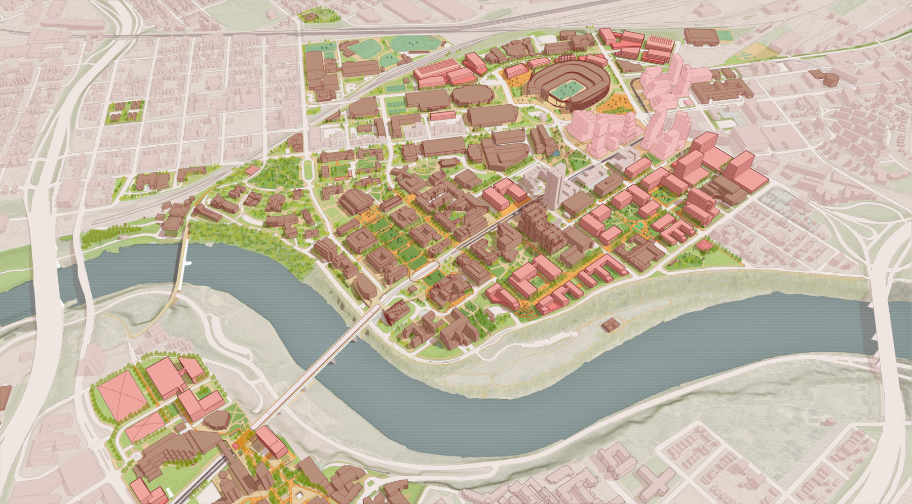 graphic rendering of an aerial view of the proposed east bank
