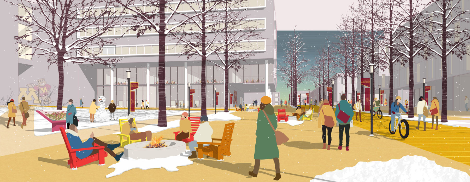 graphic rendering of a snowy plaza with pedestrians wearing coats and hats