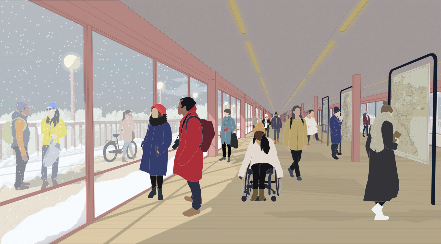 graphic rendering of the interior of the exhibition showing several people walking down a hallway and two people wearing coats looking out a window at a snowy sidewalk