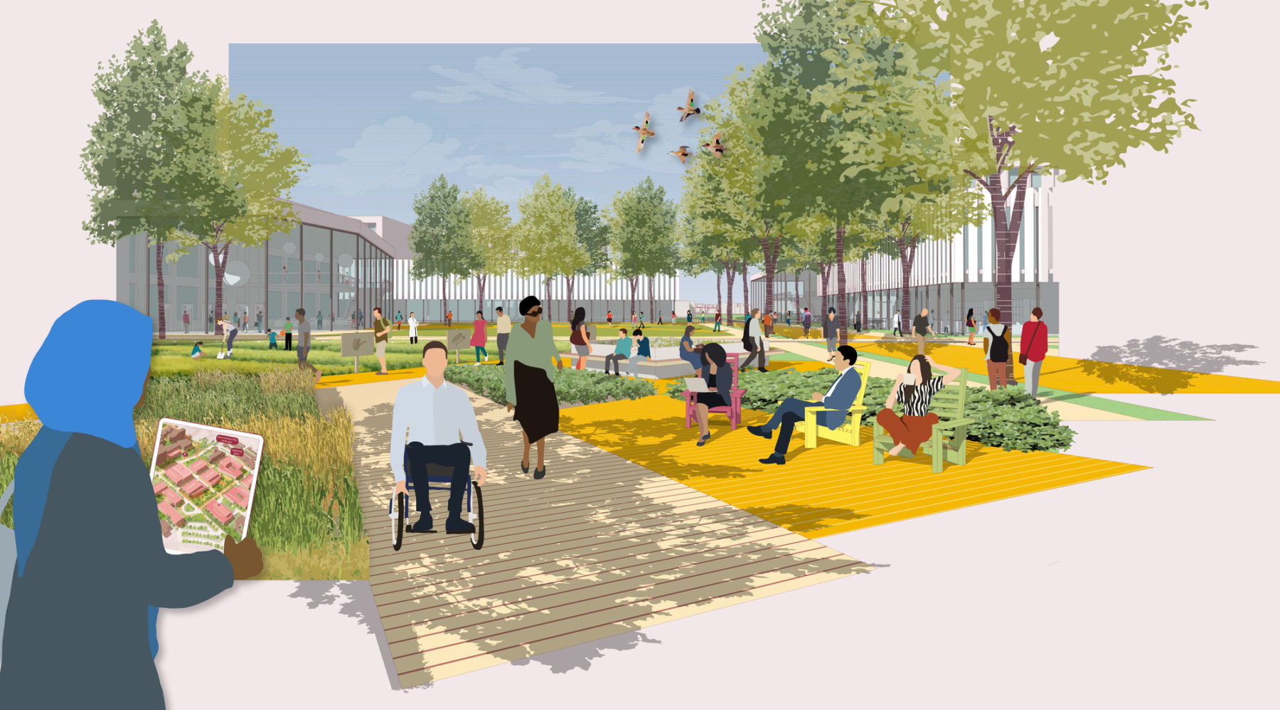 rendering of a courtyard with people sitting on benches and someone using a wheelchair in the foreground