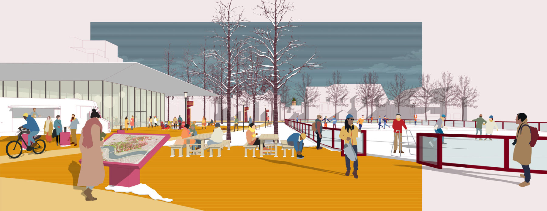 graphic rendering of a snowy plaza