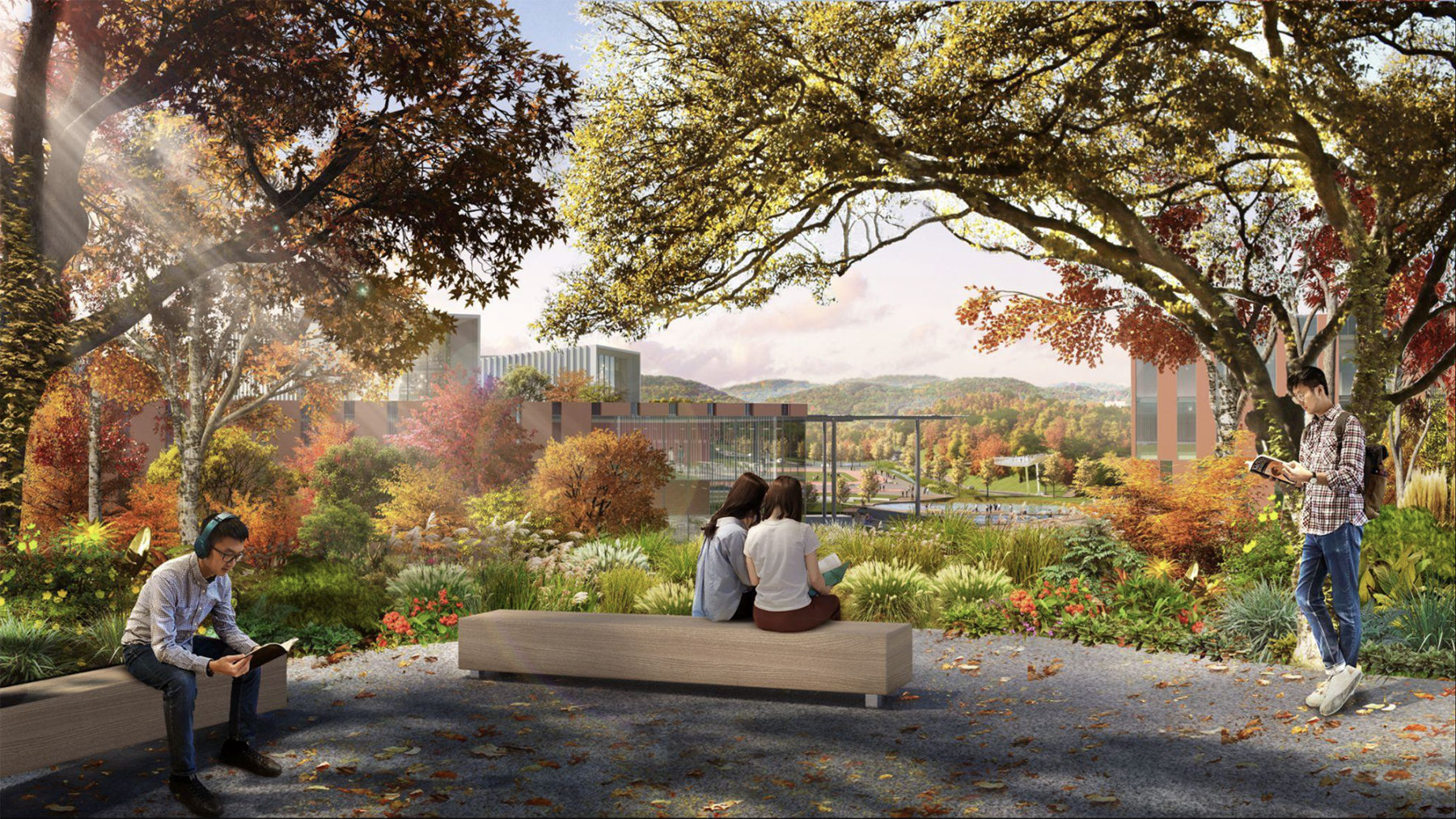 Rendering of a fall landscape at Xinyang University. People are sitting on benches and reading.