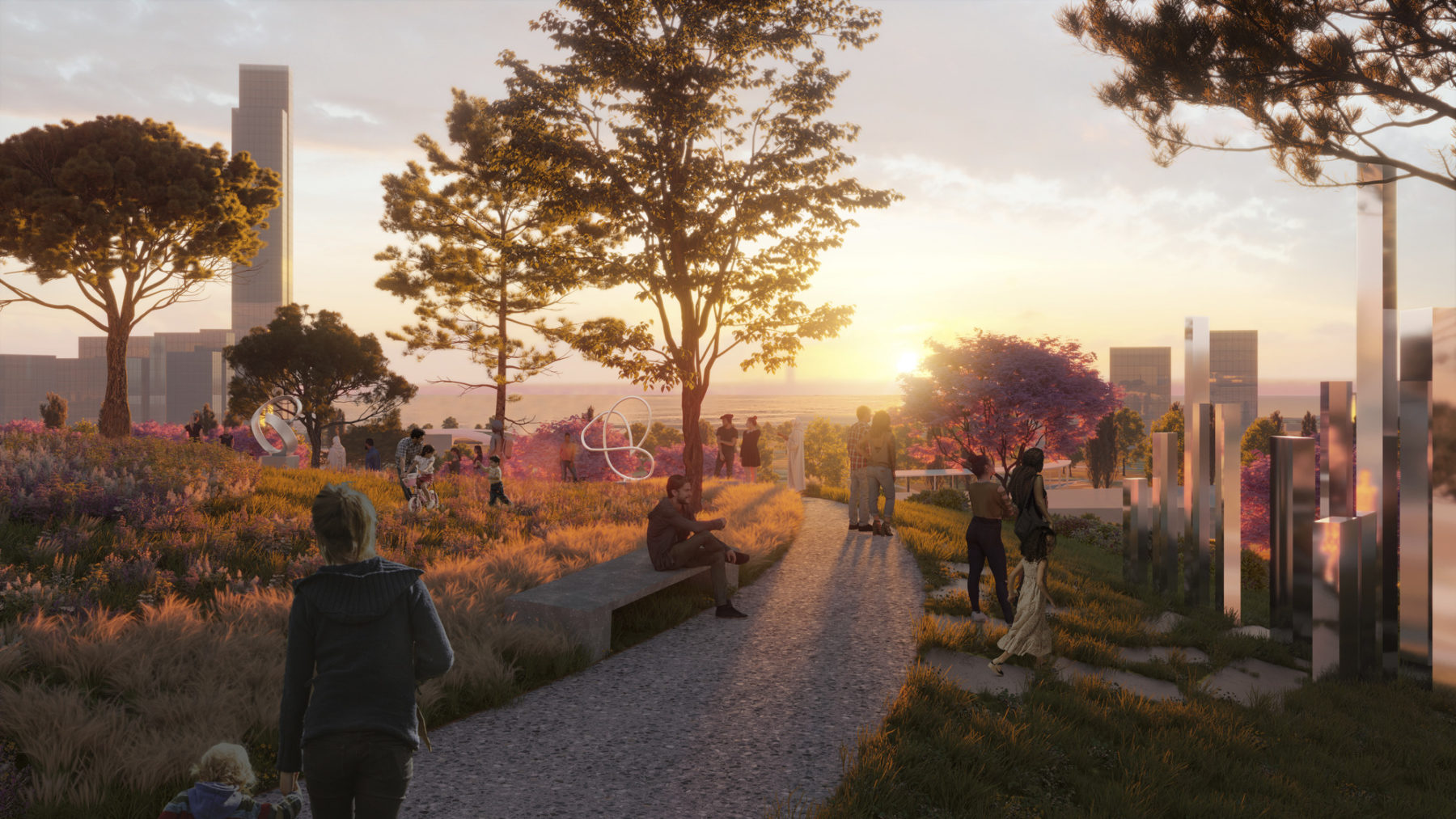 rendering of proposed path looking towards see with the sun setting. Sculptures line the path and people meander along it.