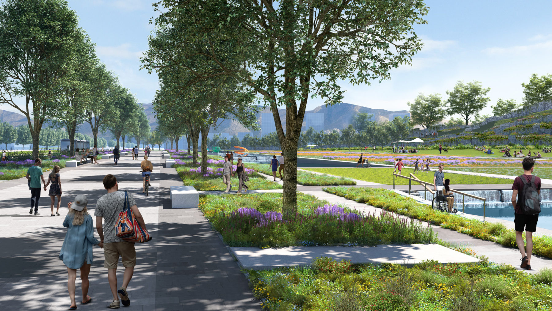 Rendering of main pedestrian axis with groups of people walking along it. Trees line the axis.