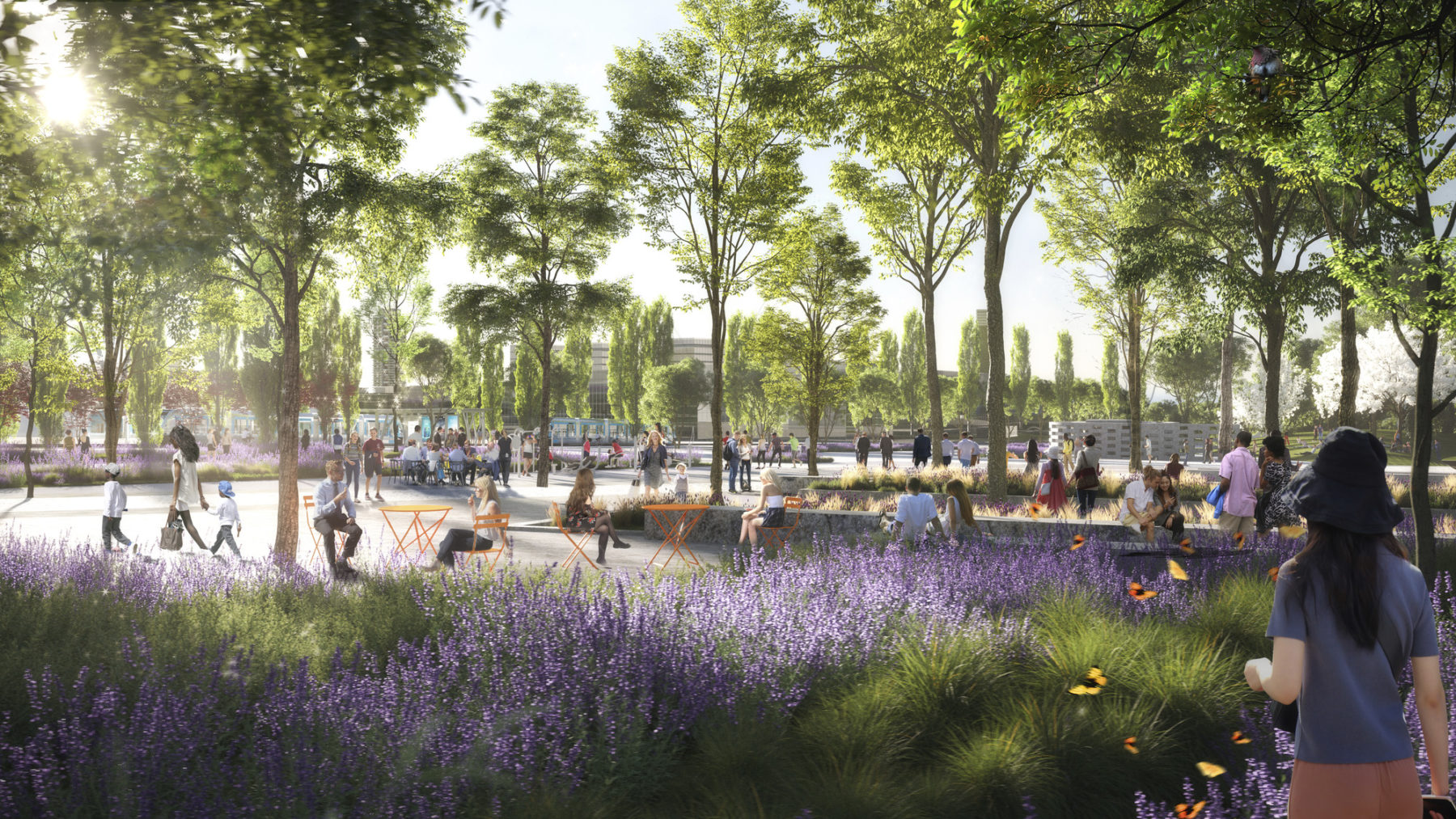 Rendering of plaza in proposed design. A woman surrounded by butterflies appears in the foreground and people sitting at orange cafe tables and along seat walls in the background.