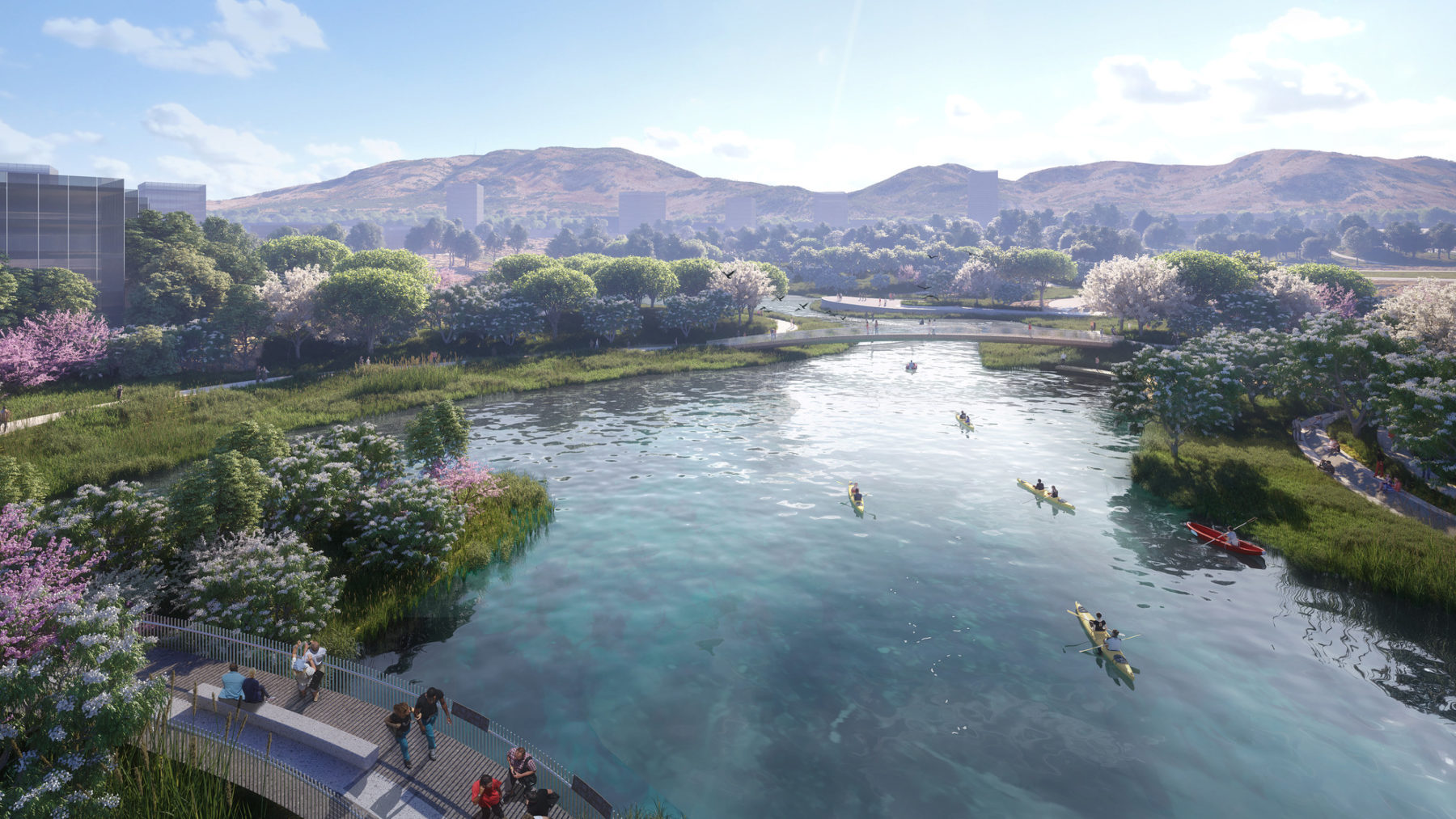 Rendering of lake on site. In the bottom left corner people walk and sit along a pedestrian and in the center of the frame a series of 1-2 person kayaks are on the water.