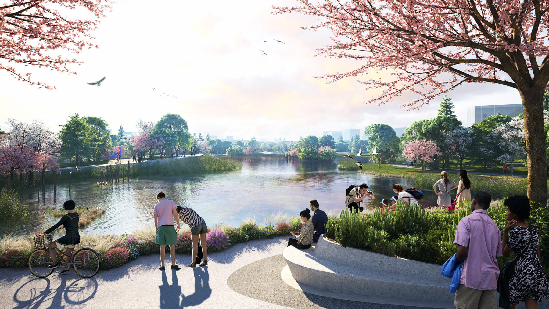 Ground level rendering of path along the lake. A woman rides a bike and other visitors look out over the water.