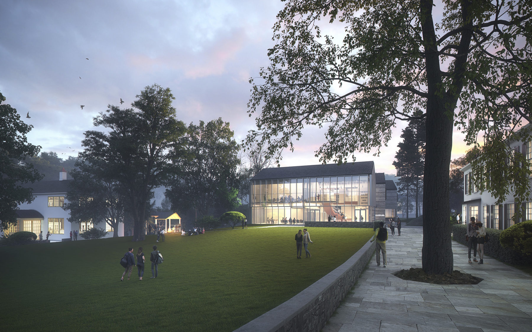 Exterior rendering showing building with glass facade lit up at the end of the campus quad