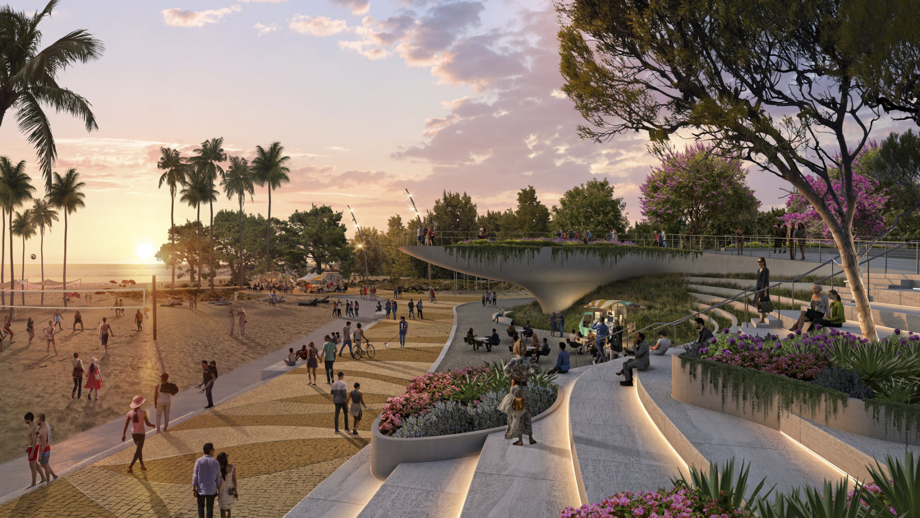 rendering of amphitheater and pedestrian bridge. The sun is setting on the left hand side of the image. People walk on a path in the foreground.