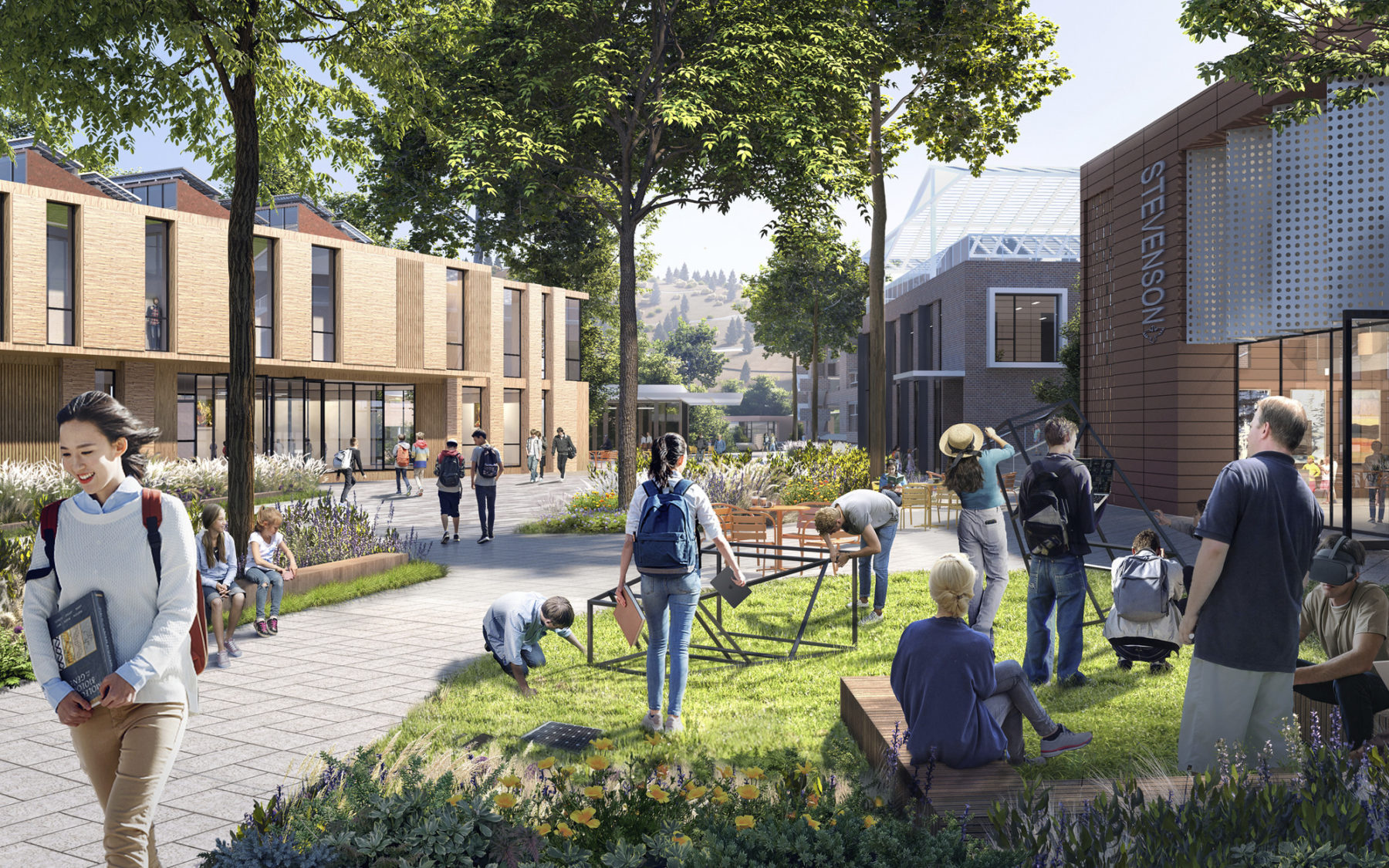 rendering of envisioned pedestrian promenade. A student in a white sweater and orange backpack walks toward the left edge of frame. on the right, groups of students work on sculptural projects in the grass.