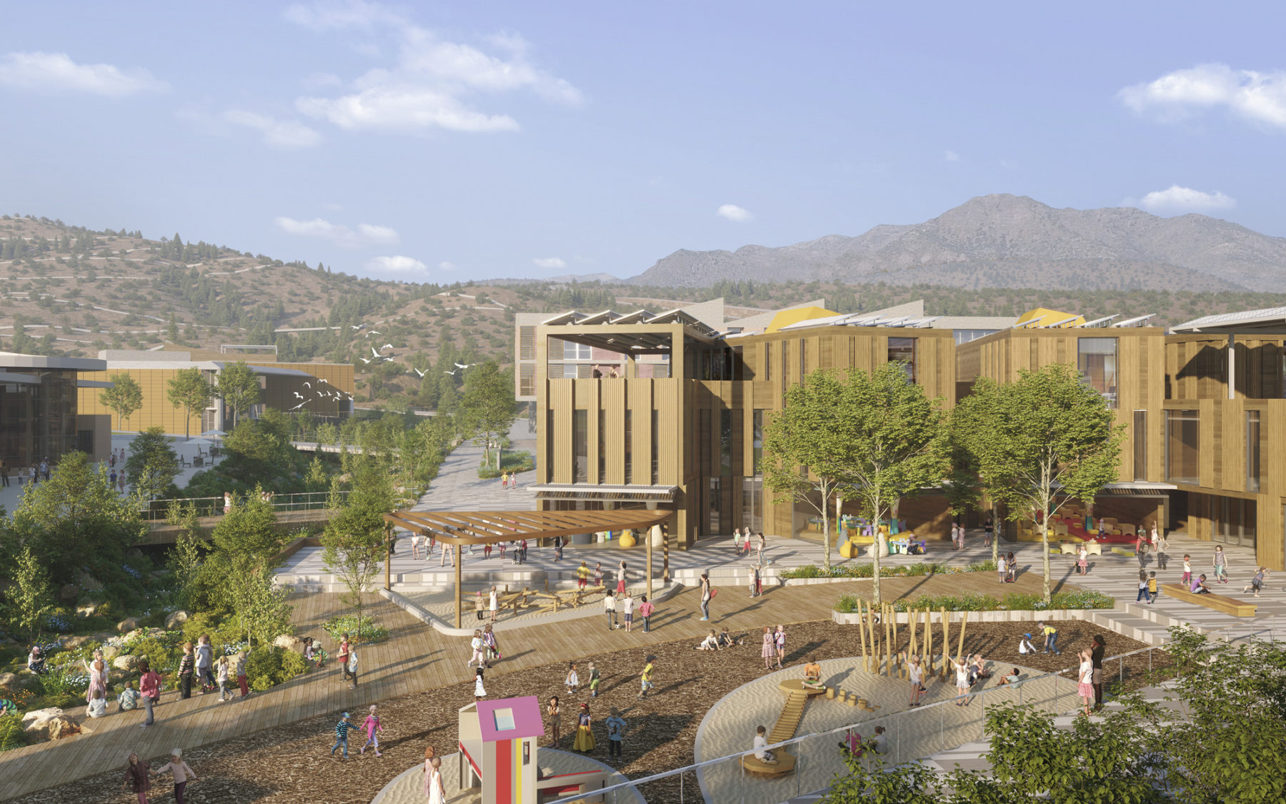 rendering of school building. a playground sits in the foreground and groups of young students play amongst its features.