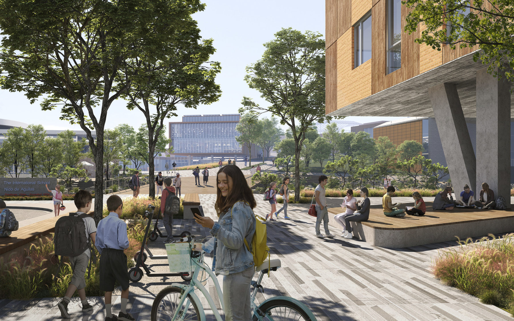 rendering of campus vision showing pedestrian promenade. A girl stands in the foreground smiling down at her phone. She's wearing a jean jacket, yellow backpack, and standing holding her bike.