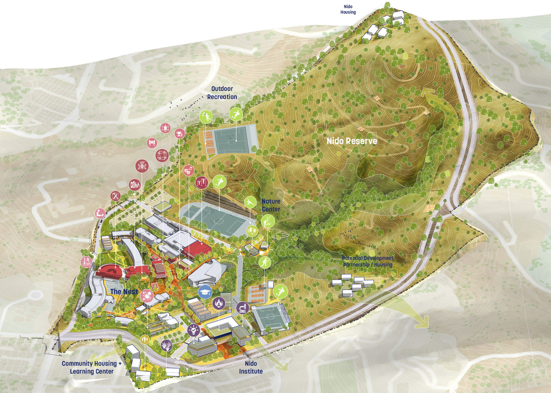 aerial axon drawing of campus vision. Major venues are labeled and icons show program distribution.