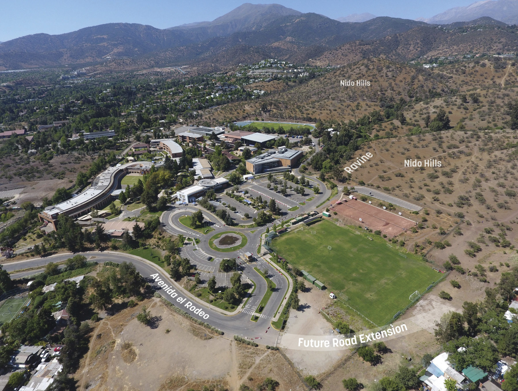aerial photo of existing campus condition. major site aerials are overlaid in white text