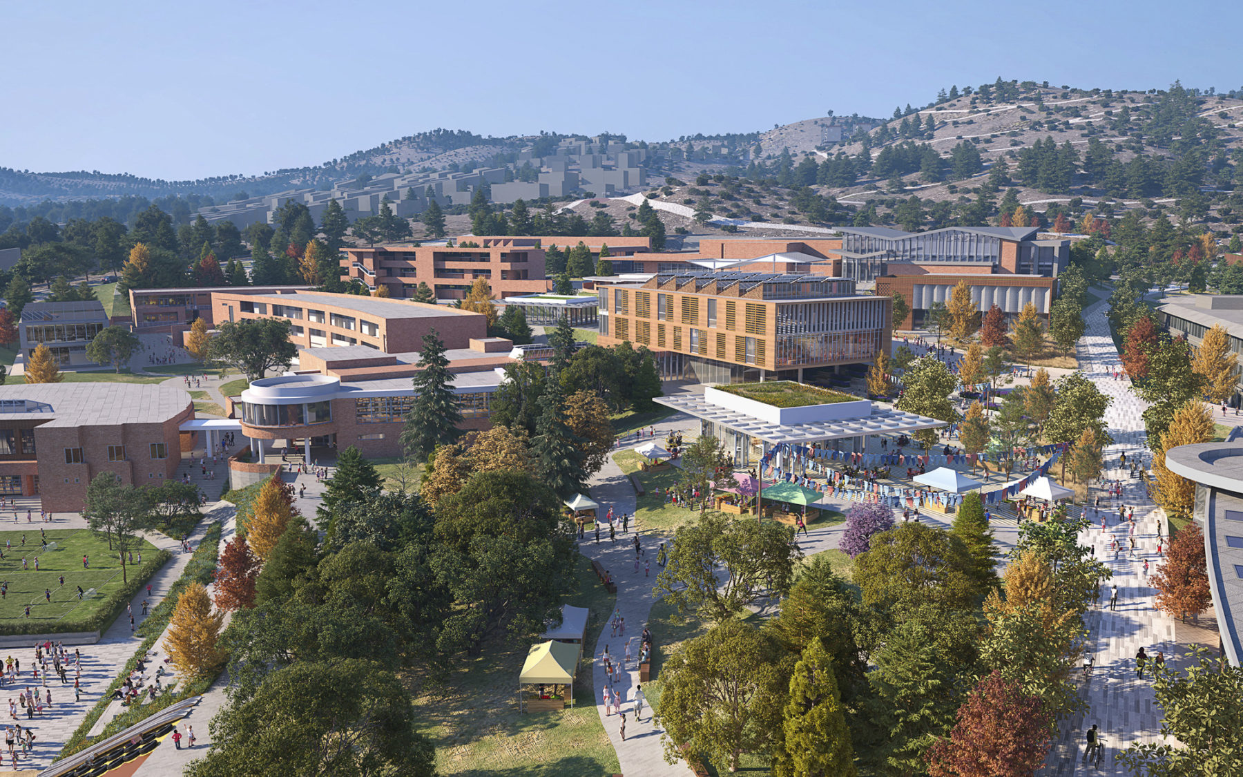 aerial rendering of campus vision showing the campus in the foreground and mountains beyond
