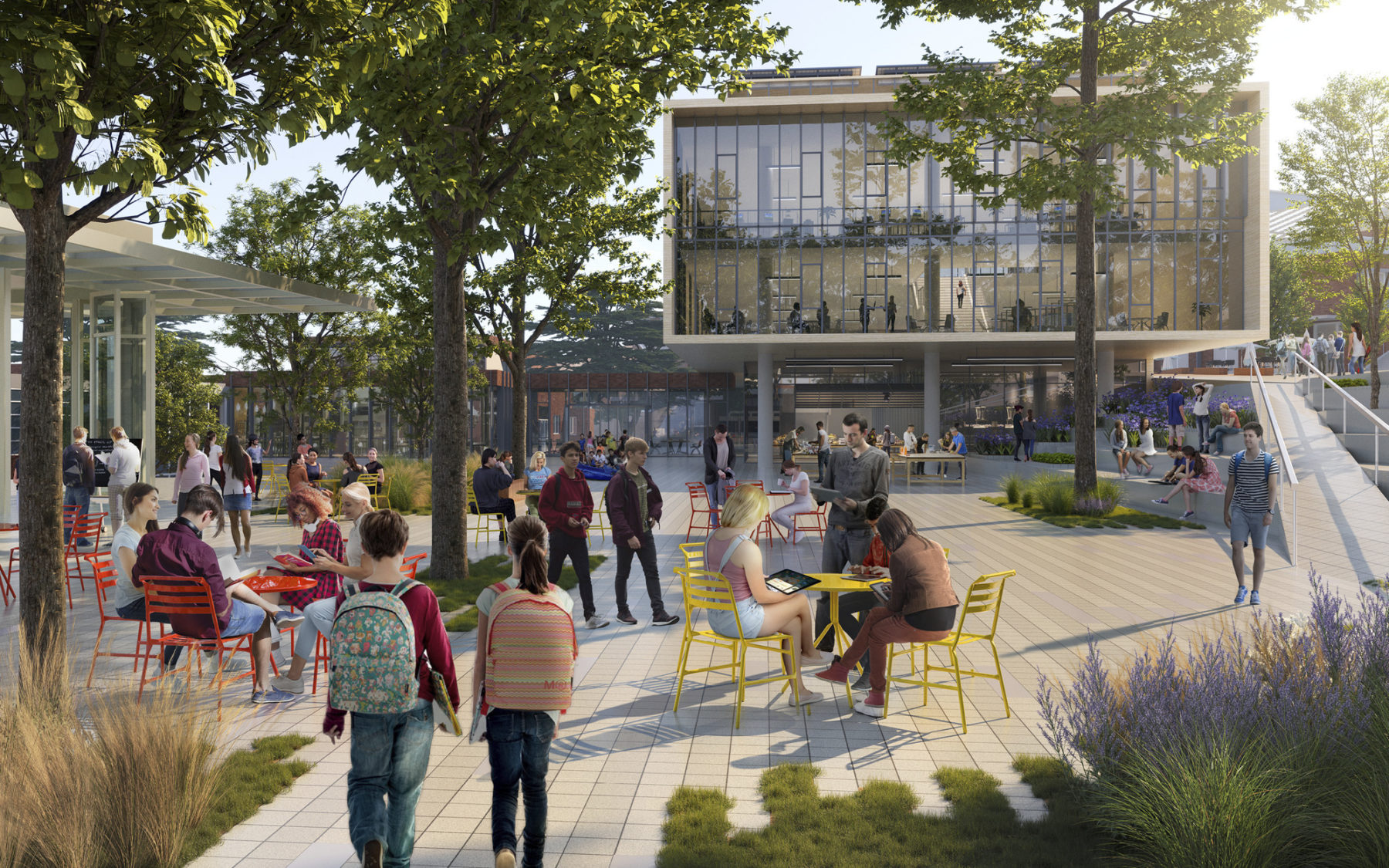 rendering of envisioned campus plaza. Groups of students sit at yellow and orange site furniture in foreground.