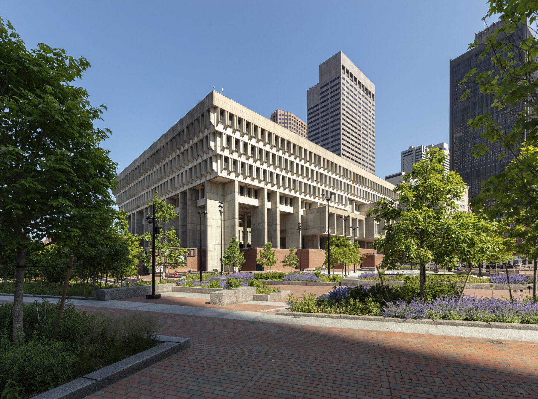 Shaded view into Boston's City Hall Plaza with a series of raised bed plantings with trees and sunlight on the building facade