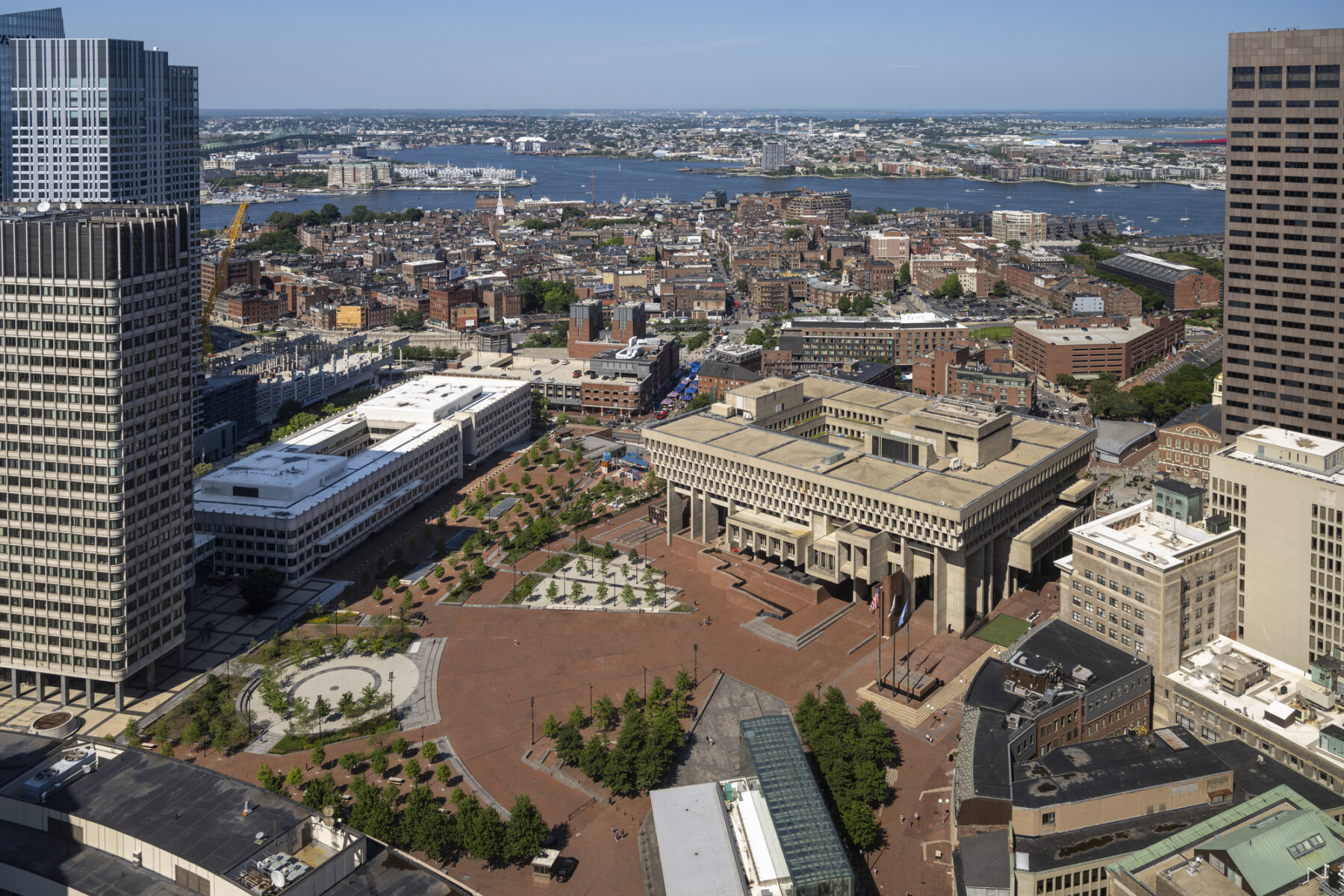 Aerial photo viewing the plaza and City Hall from above Congress Street