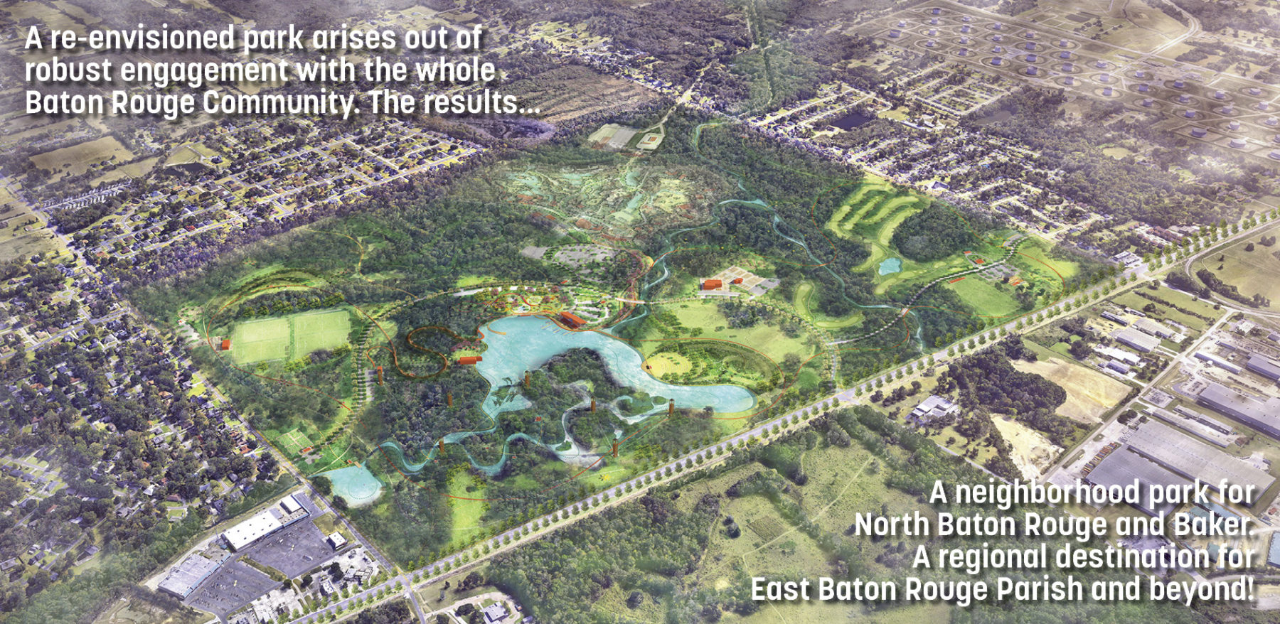 Aerial rendering of master plan vision for the park. Text on image reads, 