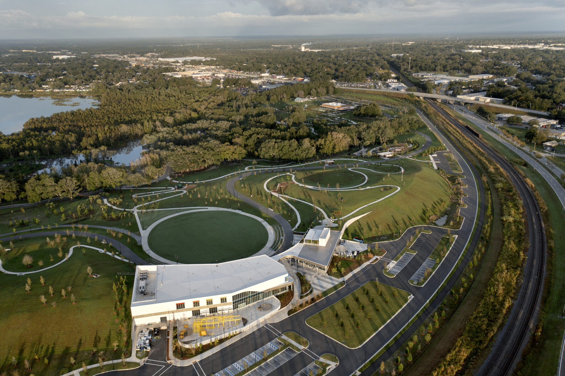 Aerial view of park landscape and bird's eye view of museum building