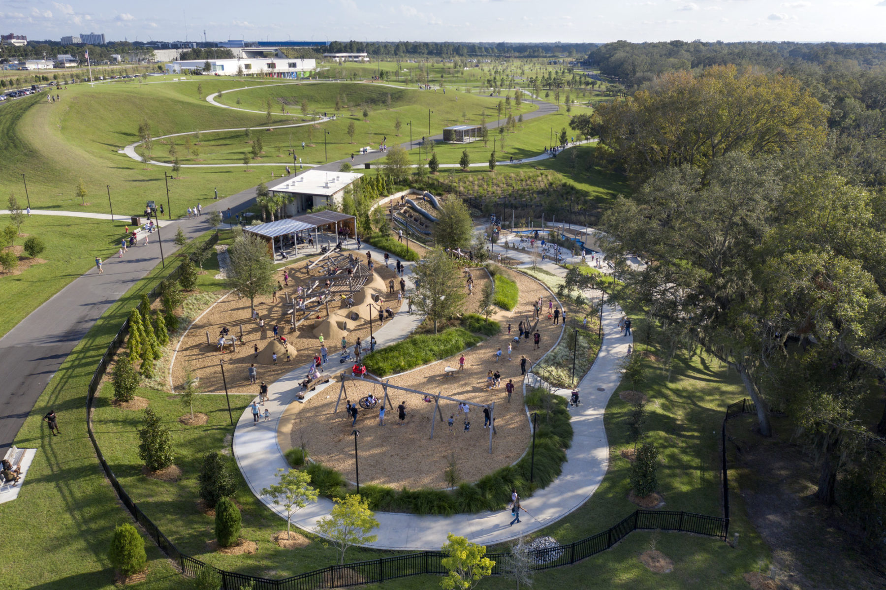 Aerial view of Bonnet Springs Park Play space with rolling hills in the background