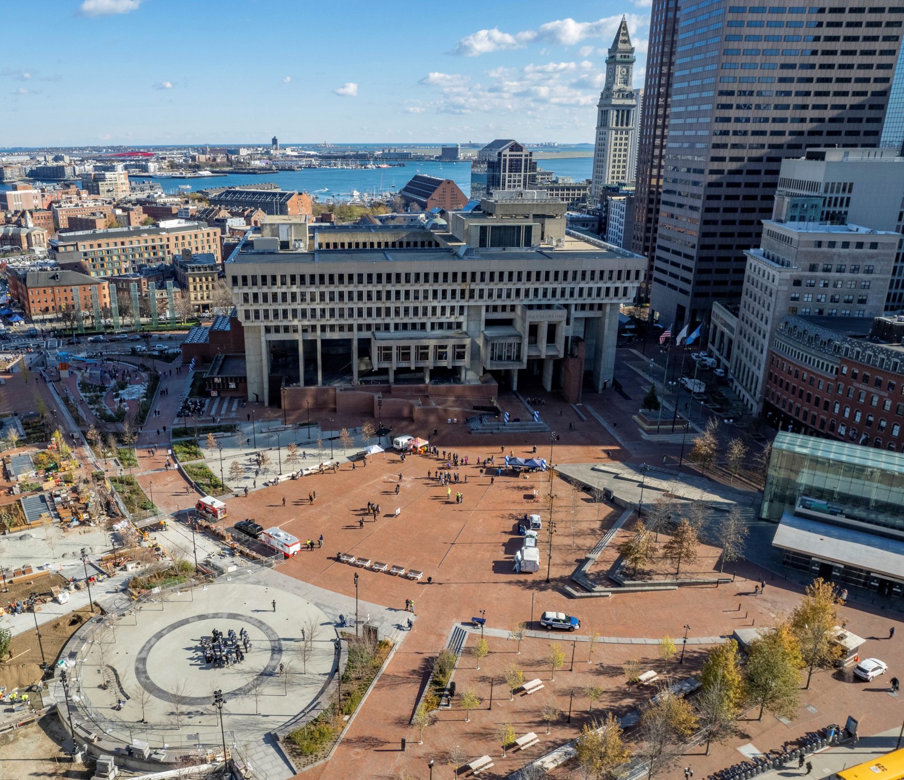 An aerial view of Boston City Hall Plaza