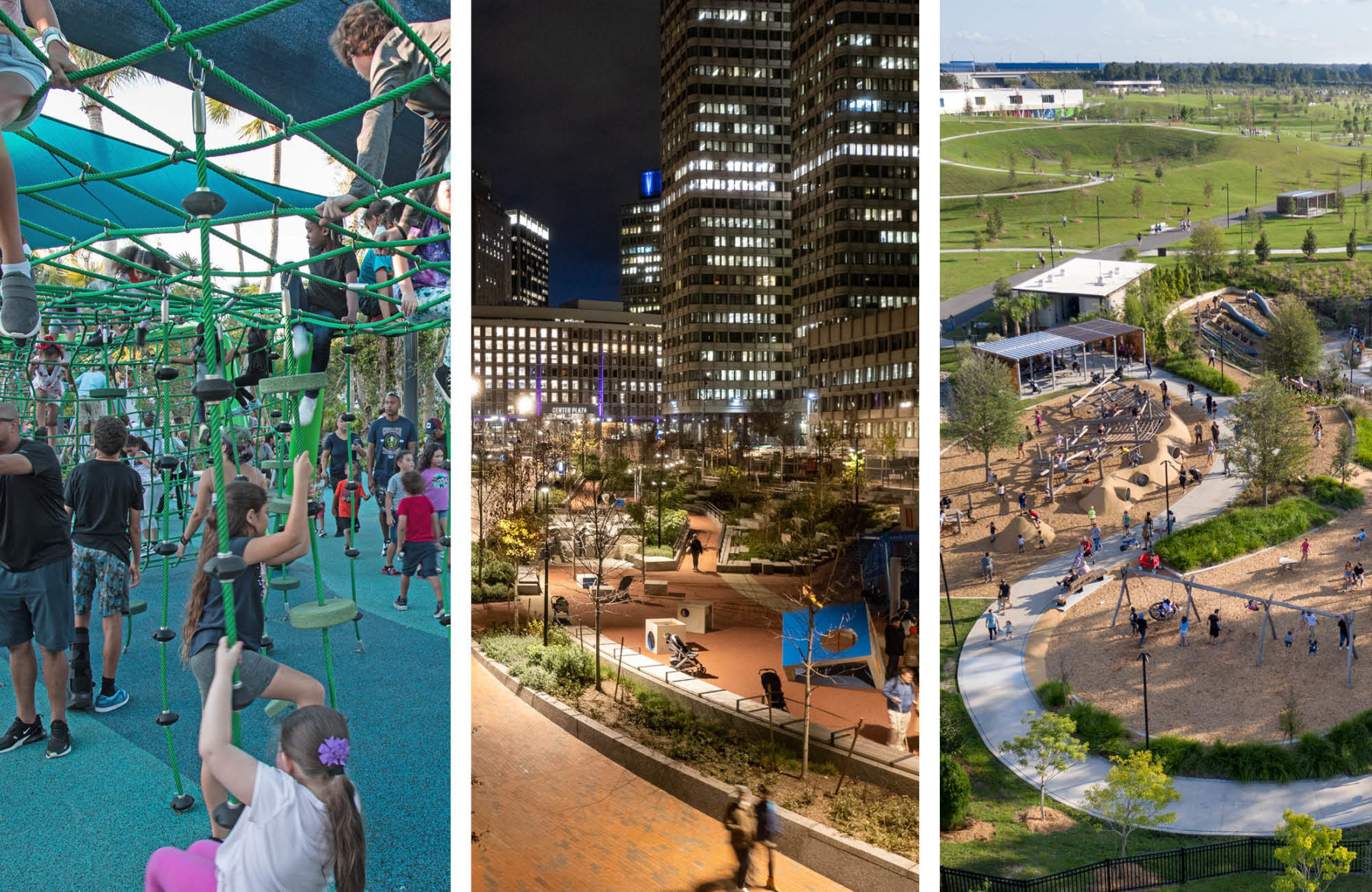 Three images spliced together: first image: blue playground with children climbing on green rope structure. Second image: nighttime shot of boston city hall plaza third image: Aerial view of Bonnet Springs Park Play space with rolling hills in the background